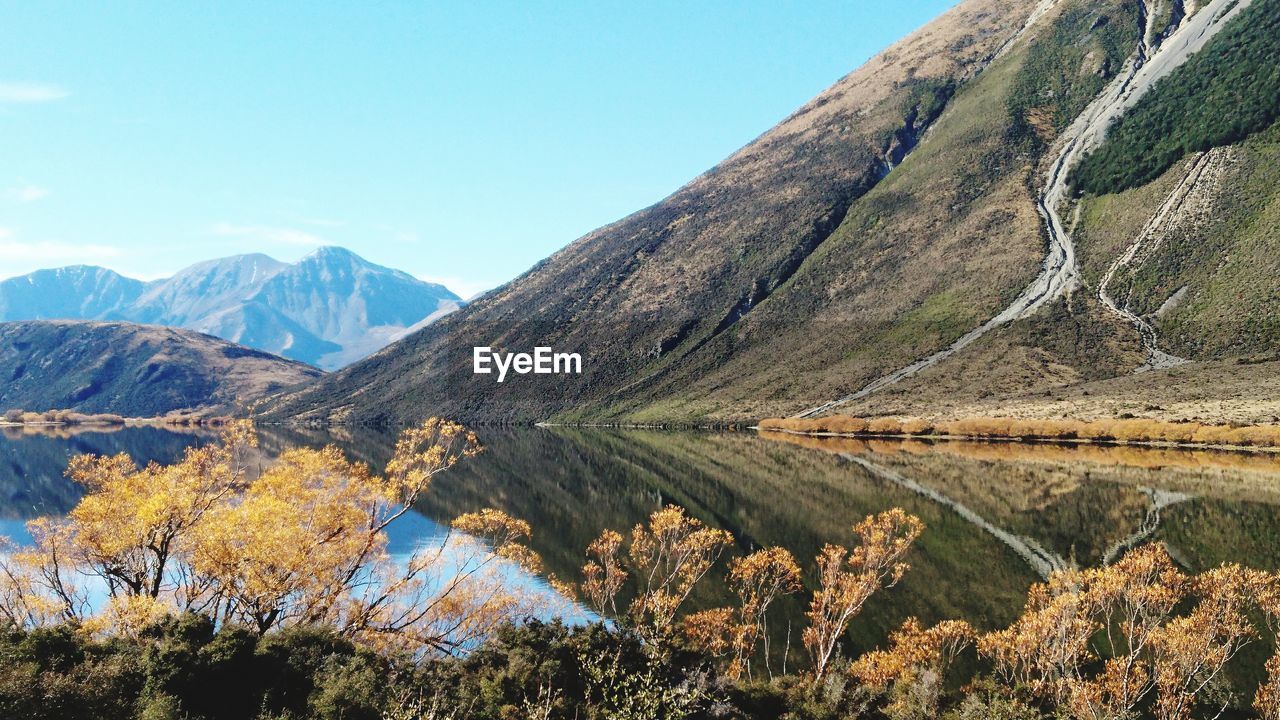 Scenic view of lake and mountains against sky