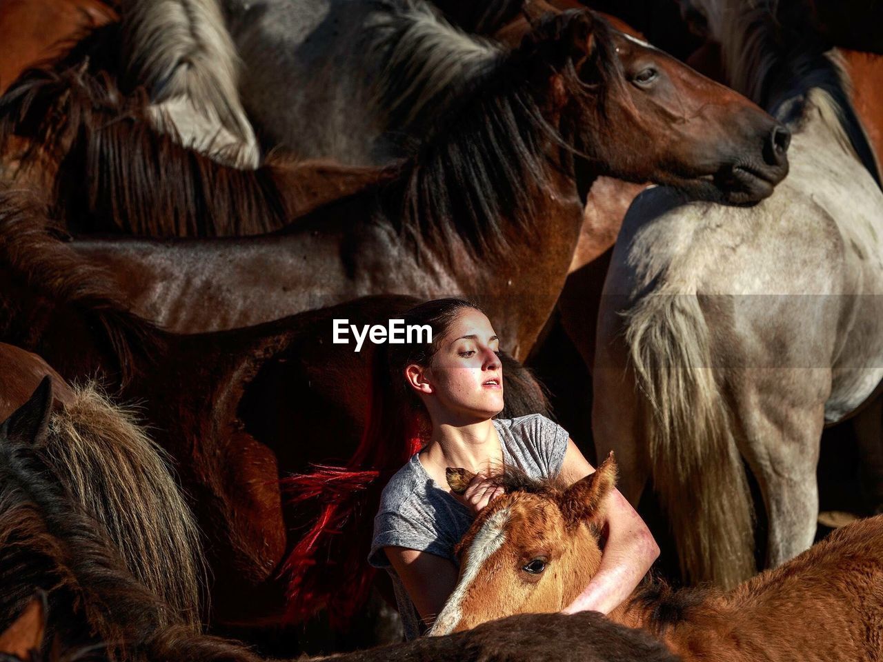 High angle view of mid adult woman embracing horse at stable