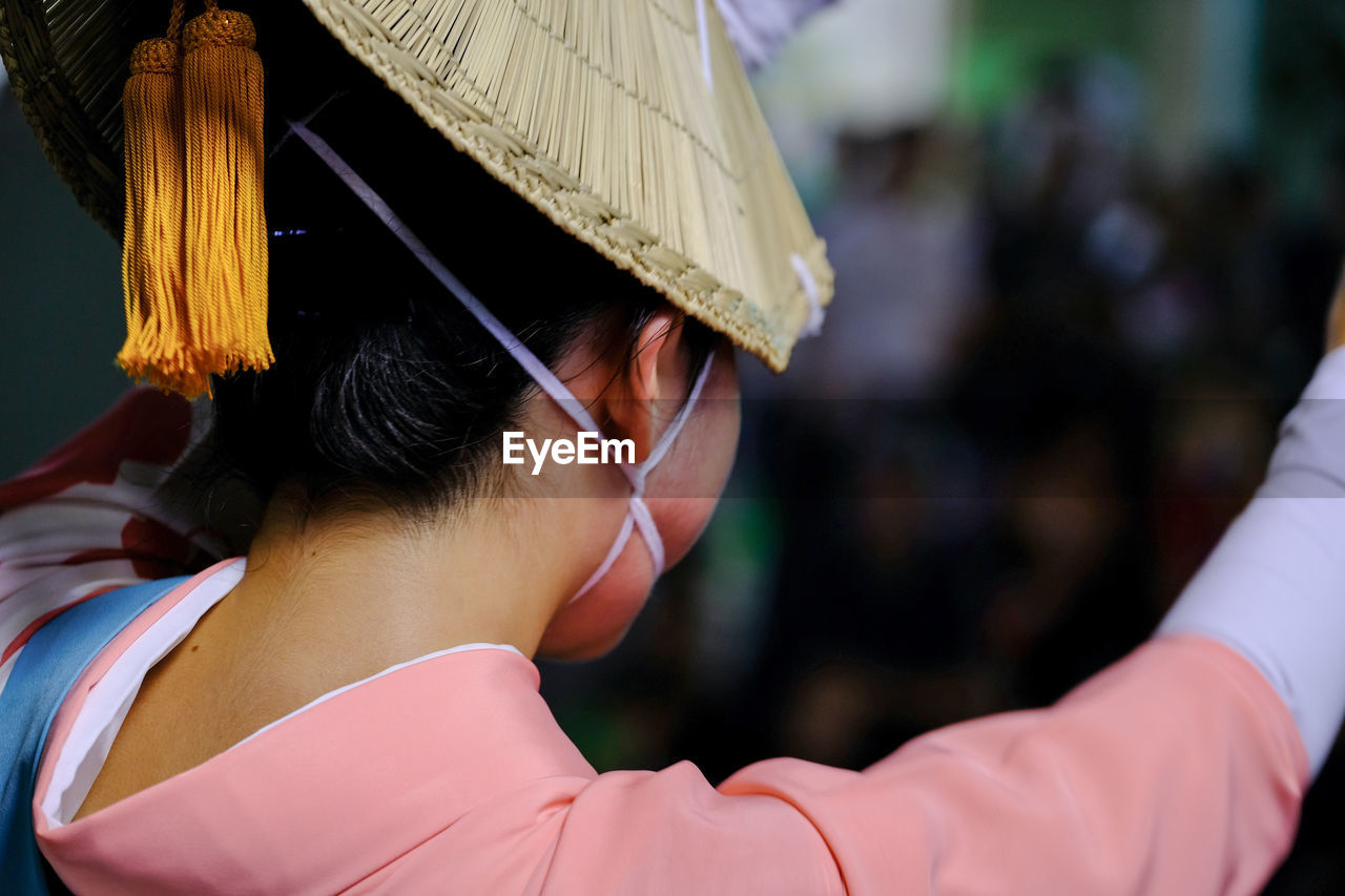 Rear view of woman in traditional clothing during awa odori