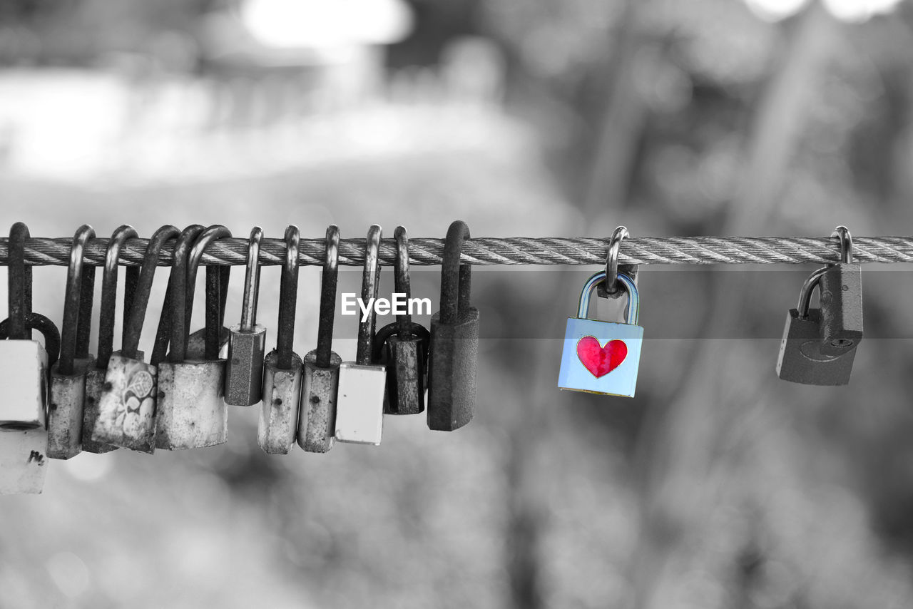 Close-up of padlocks hanging on metal