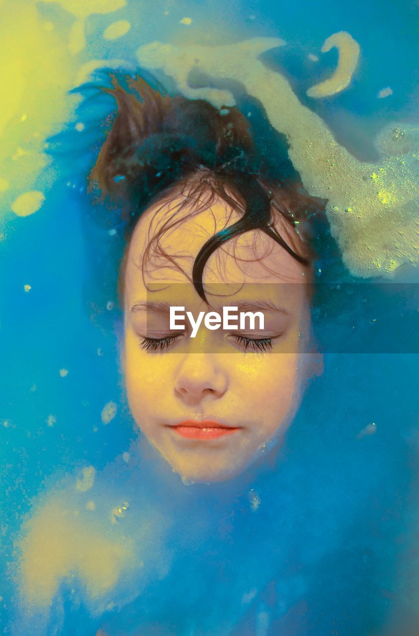 water, swimming, one person, blue, portrait, eyes closed, headshot, underwater, swimming pool, nature, women, floating on water, human face, floating, front view, young adult, child, sea, wet, adult, leisure activity, outdoors, childhood, relaxation, person, painting, bubble, female, close-up, lifestyles, hairstyle