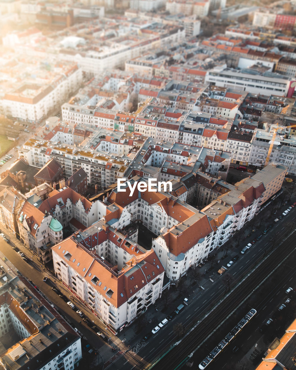 High angle view of buildings in city, shot with a drone