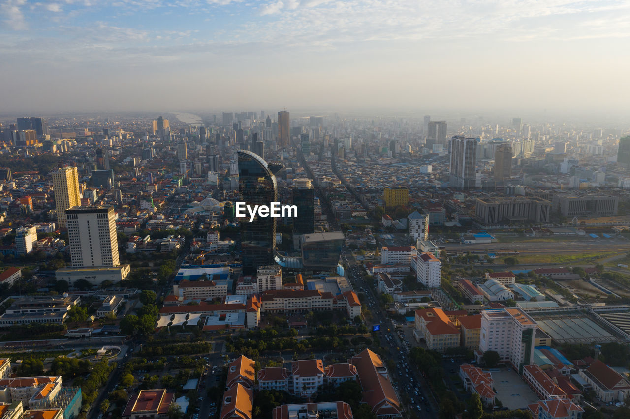 Phnompenh capital of cambodia on the sunset with beautiful landscape by drone