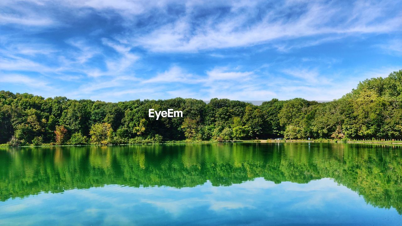 REFLECTION OF TREES IN LAKE AGAINST SKY