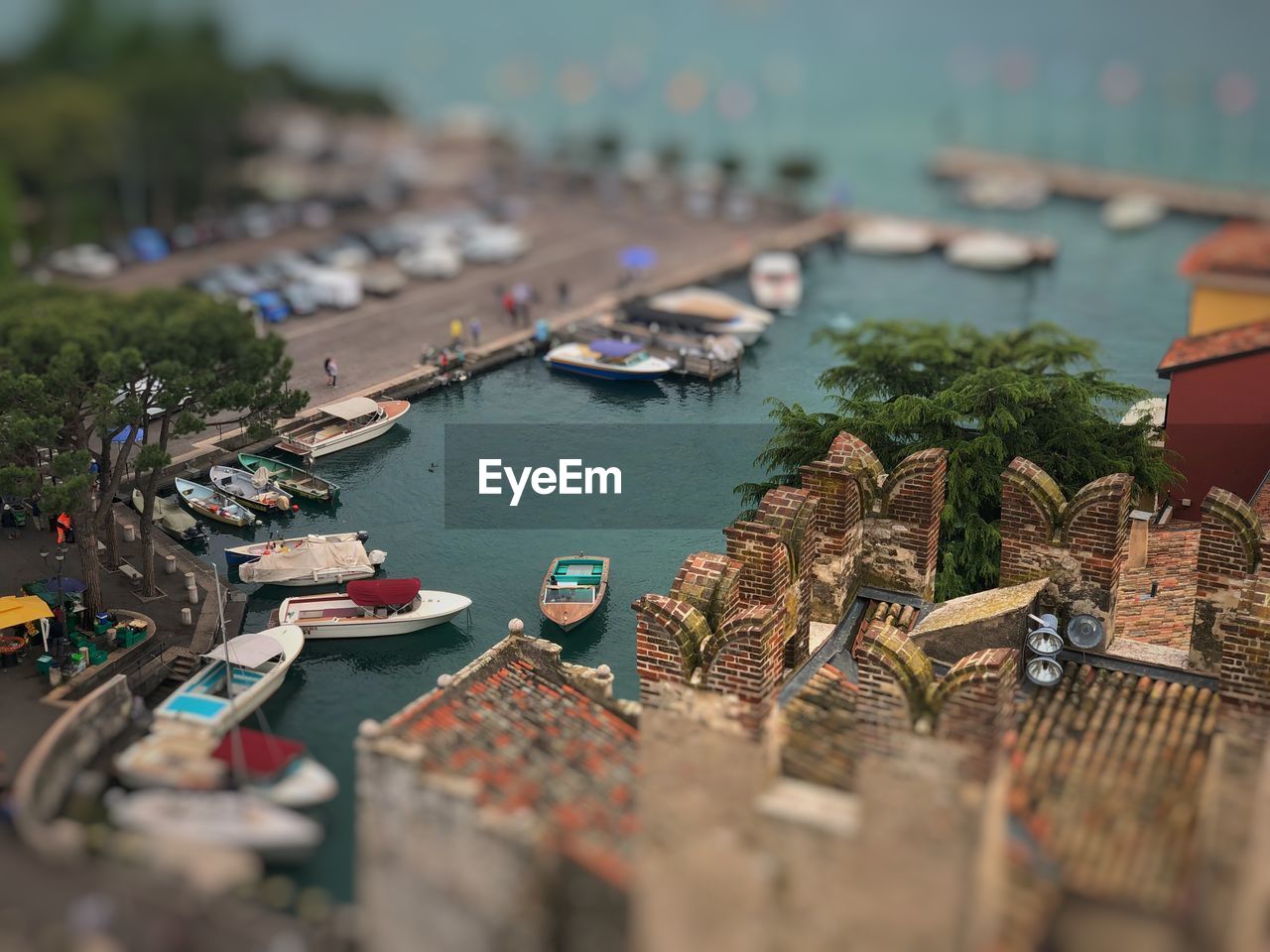 High angle view of boats moored at harbor