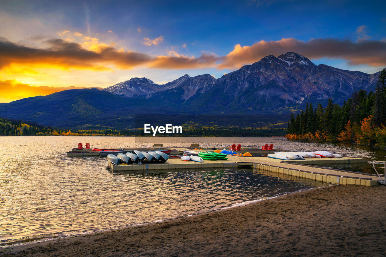 scenic view of sea and mountains against sky during sunset