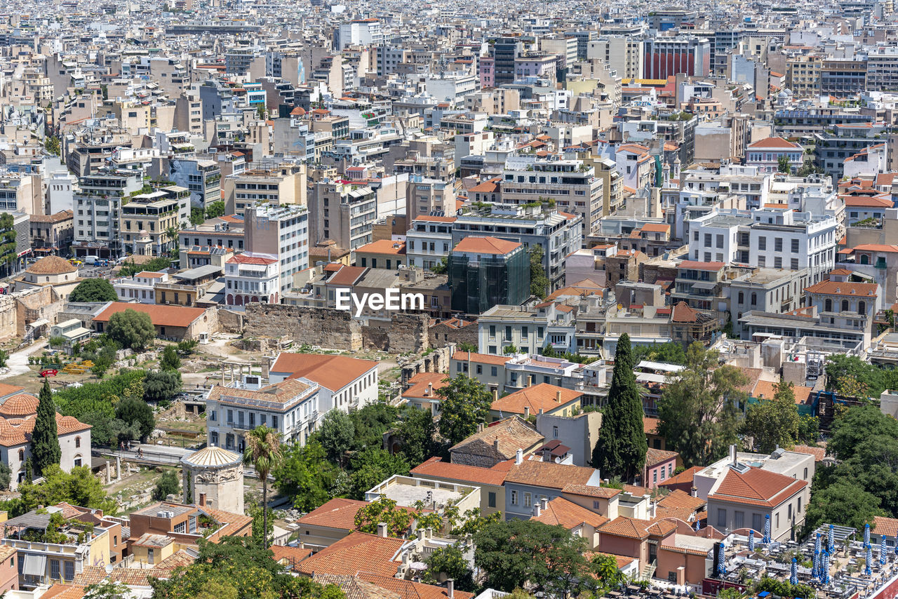 High angle view of buildings in city