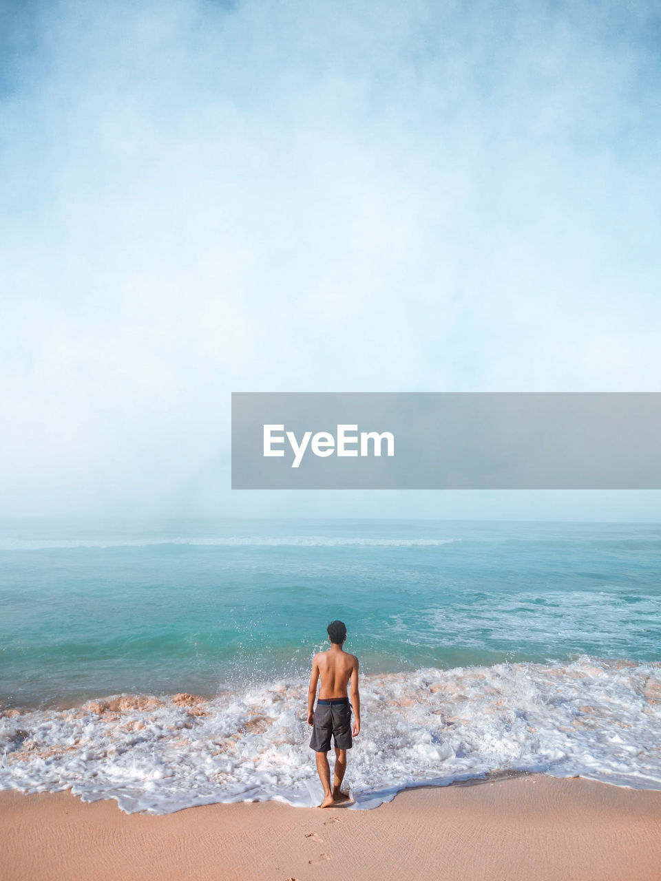 Rear view of man standing at beach against sky