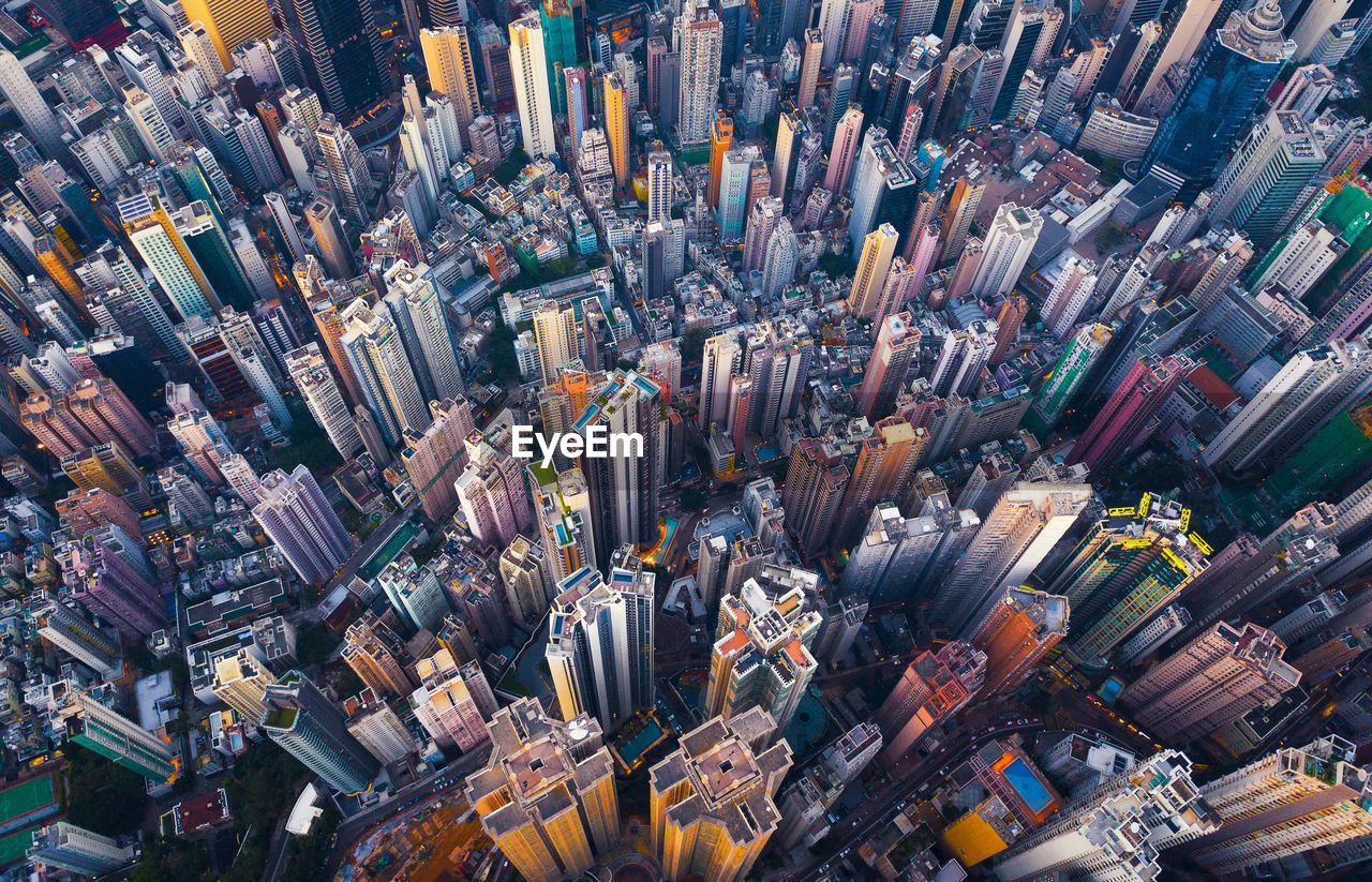 High angle view of modern buildings in city