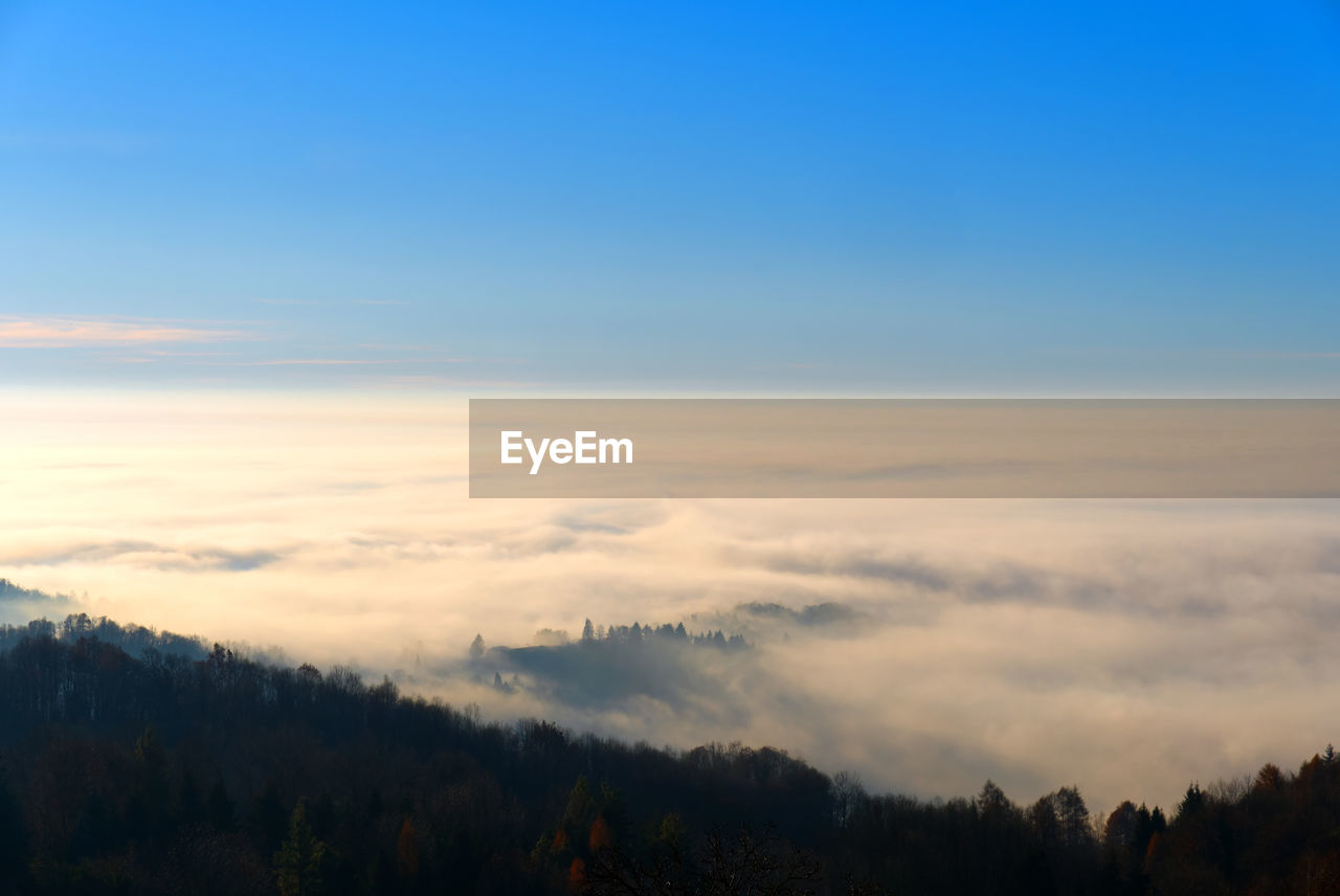 sky, scenics - nature, beauty in nature, cloud, tree, environment, dawn, mountain, tranquility, tranquil scene, landscape, nature, morning, sunrise, plant, horizon, forest, fog, no people, mountain range, blue, idyllic, land, non-urban scene, outdoors, copy space, sunlight, sun, winter, travel, pine tree, travel destinations, cloudscape, cold temperature, silhouette