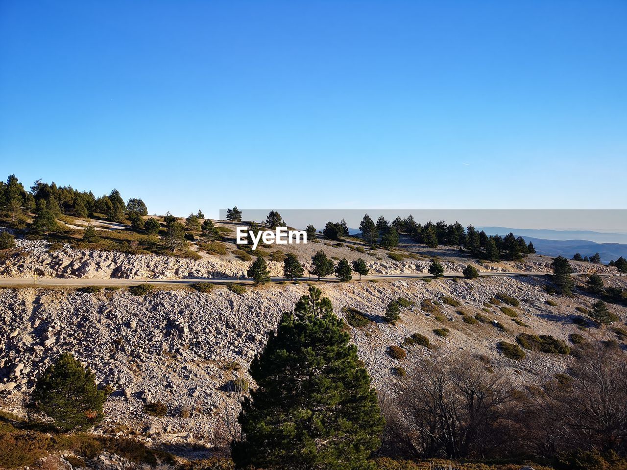 Scenic view of landscape against clear blue sky