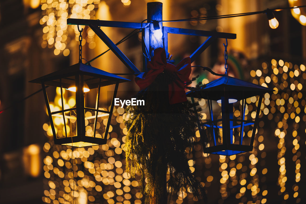 Retro-style street lamps and christmas decorations on the street