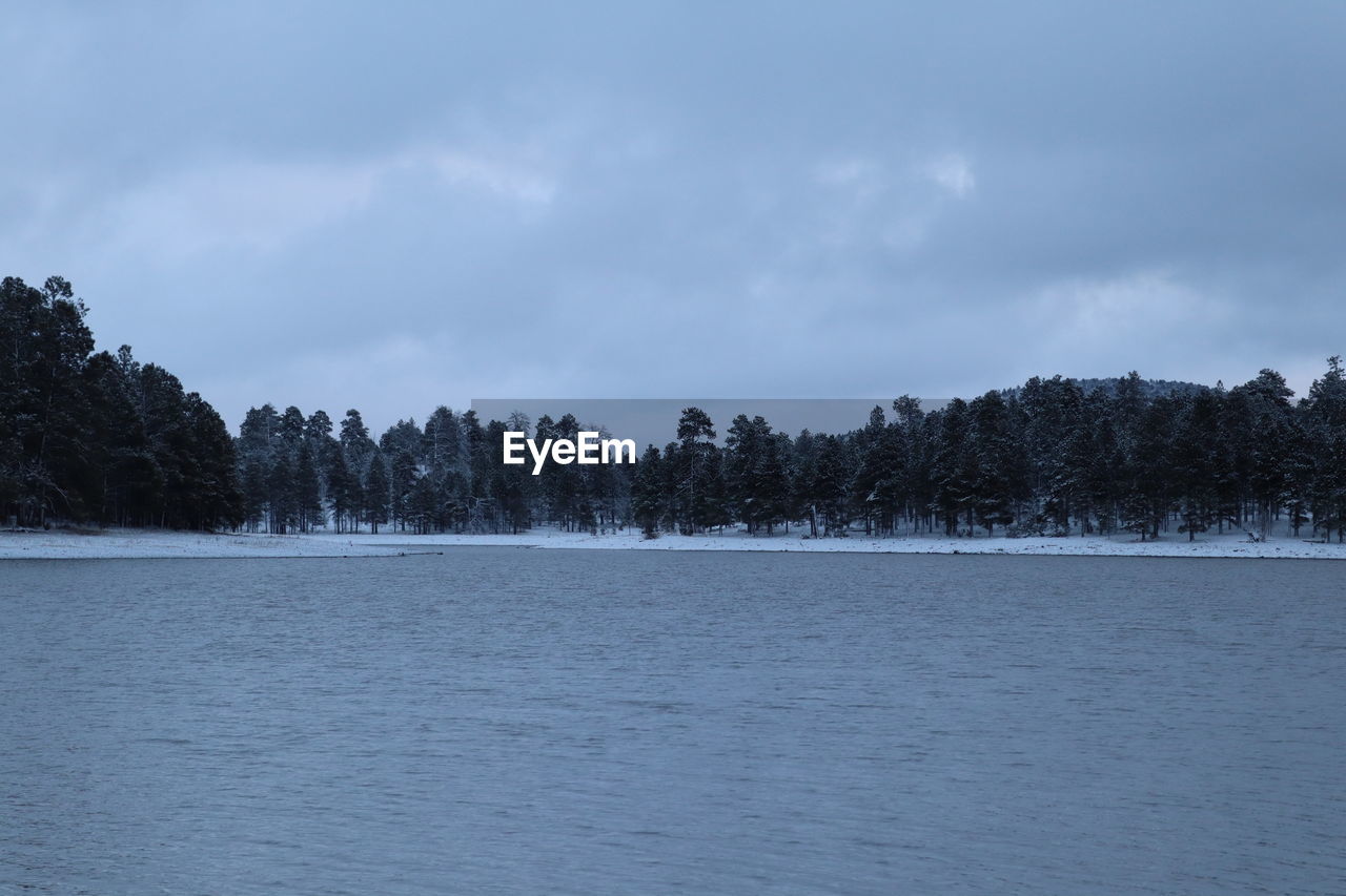 tree, sky, snow, cloud, water, scenics - nature, lake, plant, environment, winter, nature, forest, beauty in nature, landscape, land, body of water, no people, cold temperature, tranquil scene, tranquility, coniferous tree, pine tree, shore, pinaceae, mountain, non-urban scene, pine woodland, outdoors, overcast, day, travel destinations, travel, tourism, blue