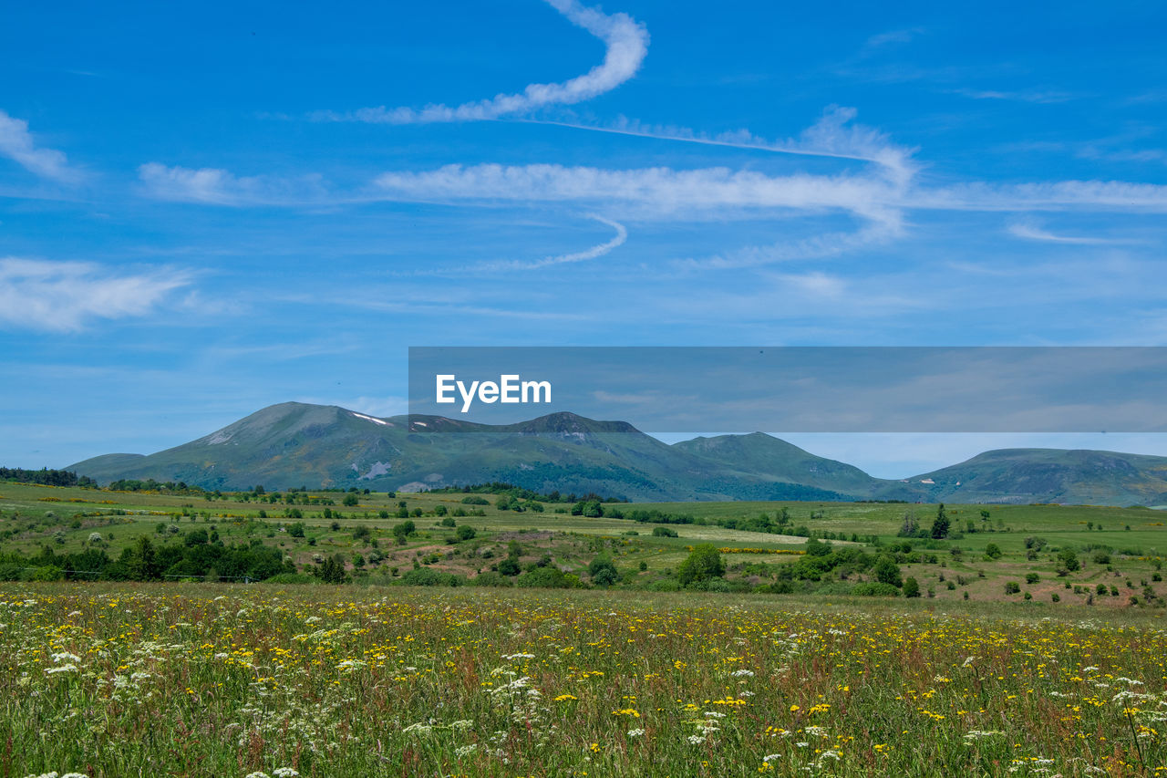 SCENIC VIEW OF FIELD AND MOUNTAINS AGAINST SKY