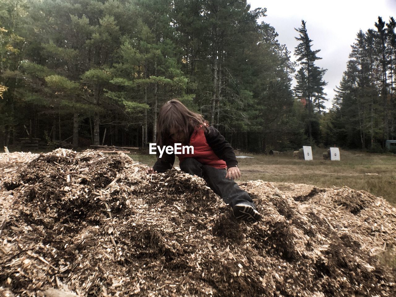 Girl sitting on heap of wood chips