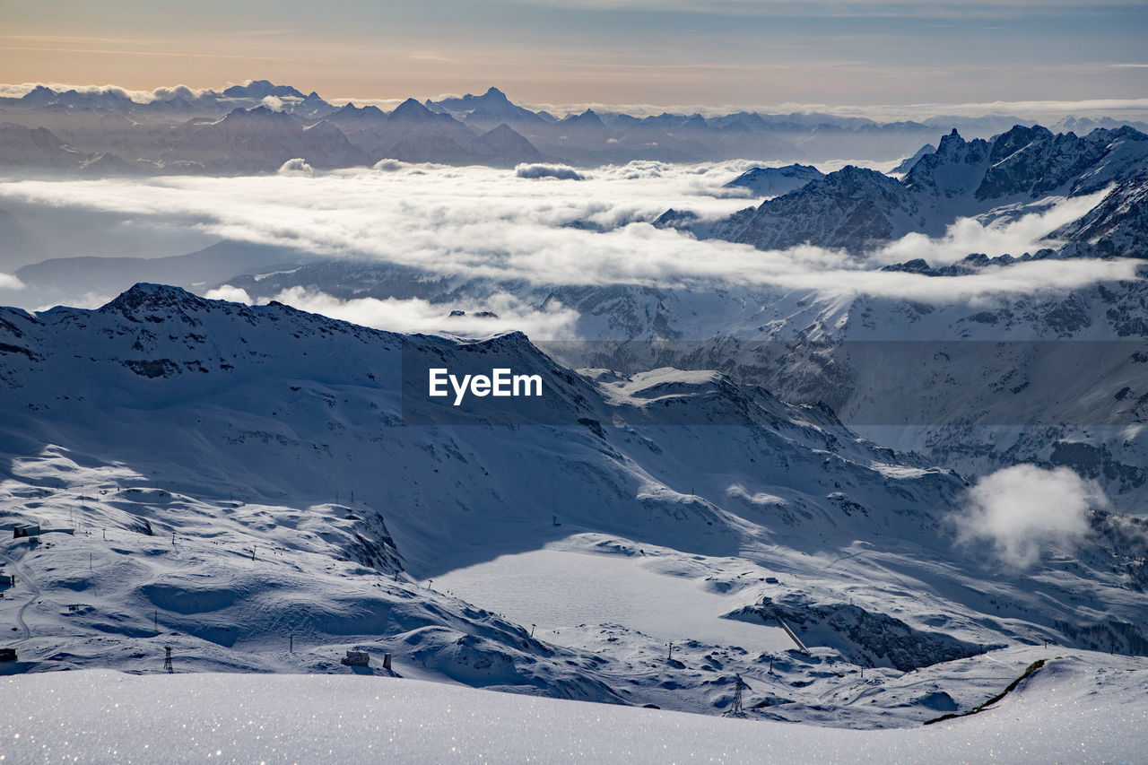 AERIAL VIEW OF SNOWCAPPED MOUNTAINS AGAINST SKY