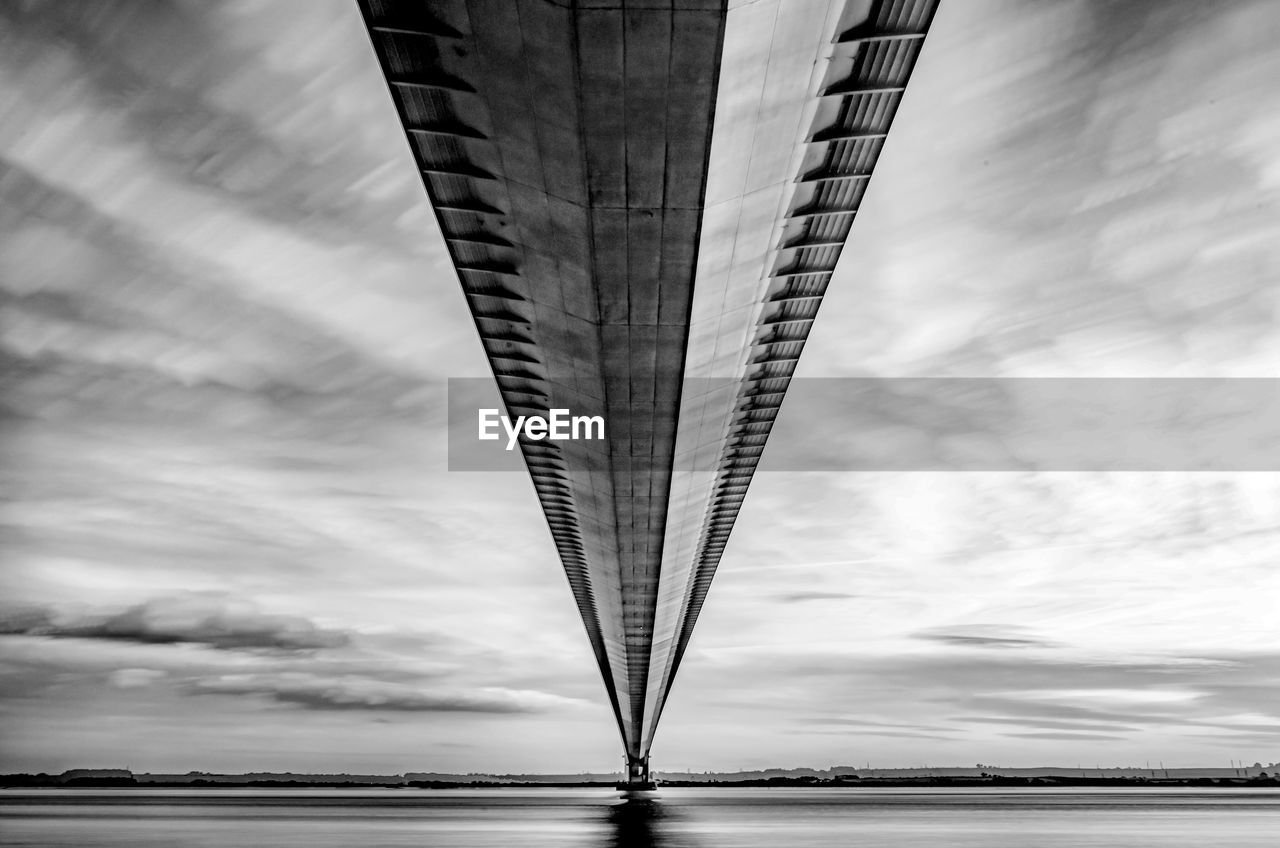 LOW ANGLE VIEW OF BRIDGE OVER RIVER IN CITY AGAINST SKY