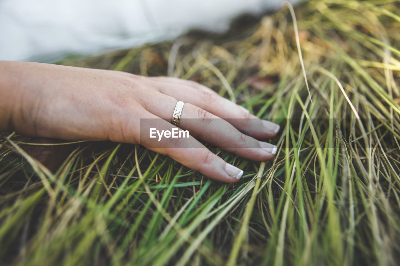 Close-up of ring on woman hand over grass