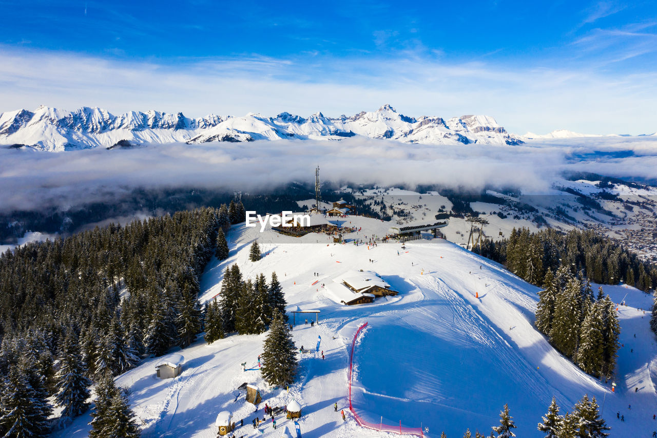 AERIAL VIEW OF SNOWCAPPED MOUNTAINS AGAINST SKY DURING WINTER