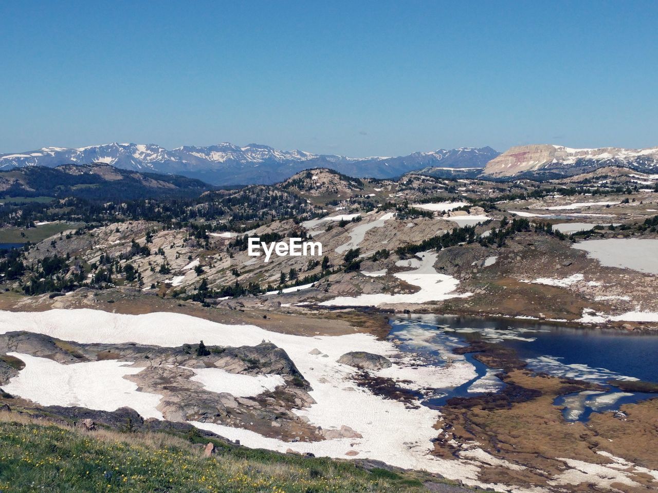 Scenic view of snowcapped mountains against clear sky