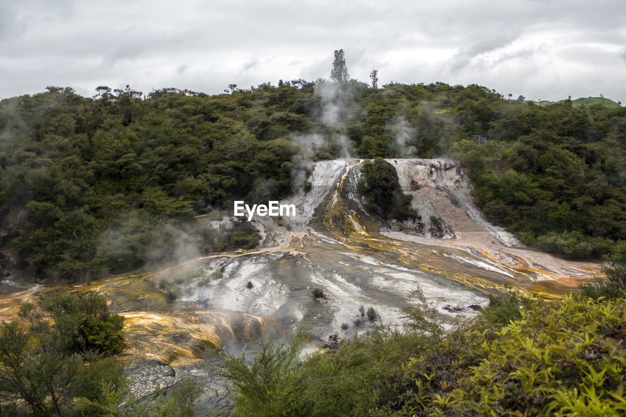 SCENIC VIEW OF WATERFALL AGAINST CLOUDY SKY