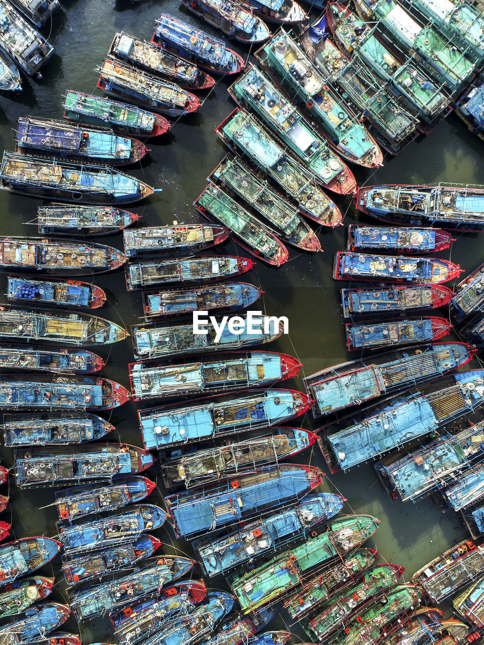 High angle view of fishing boats at dock