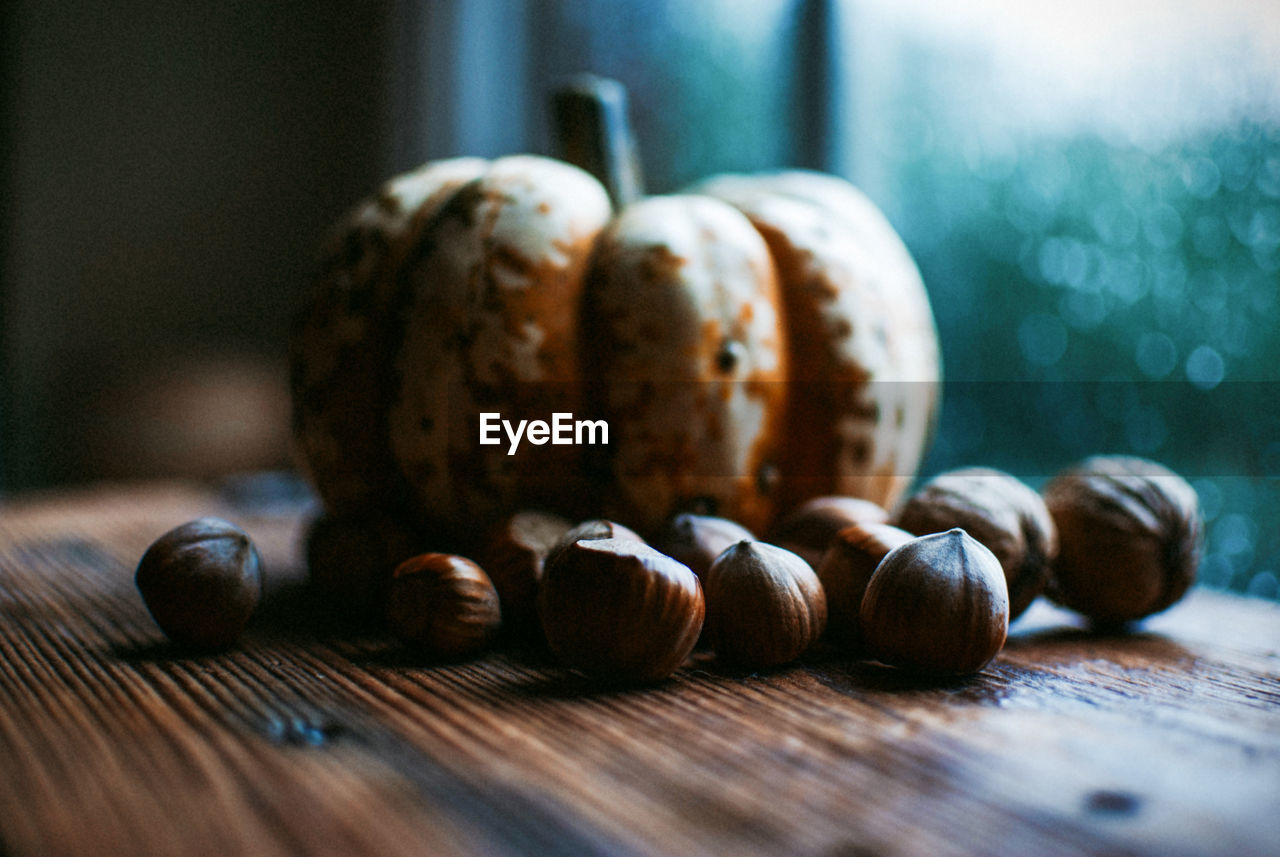 Close-up of chestnuts and pumpkin on wooden table by window