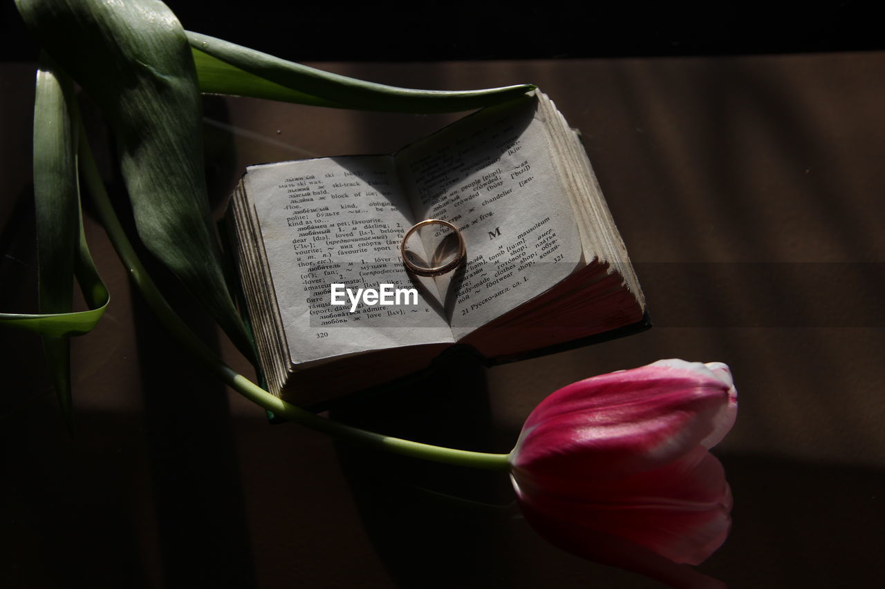 High angle view of ring on book by tulip on table