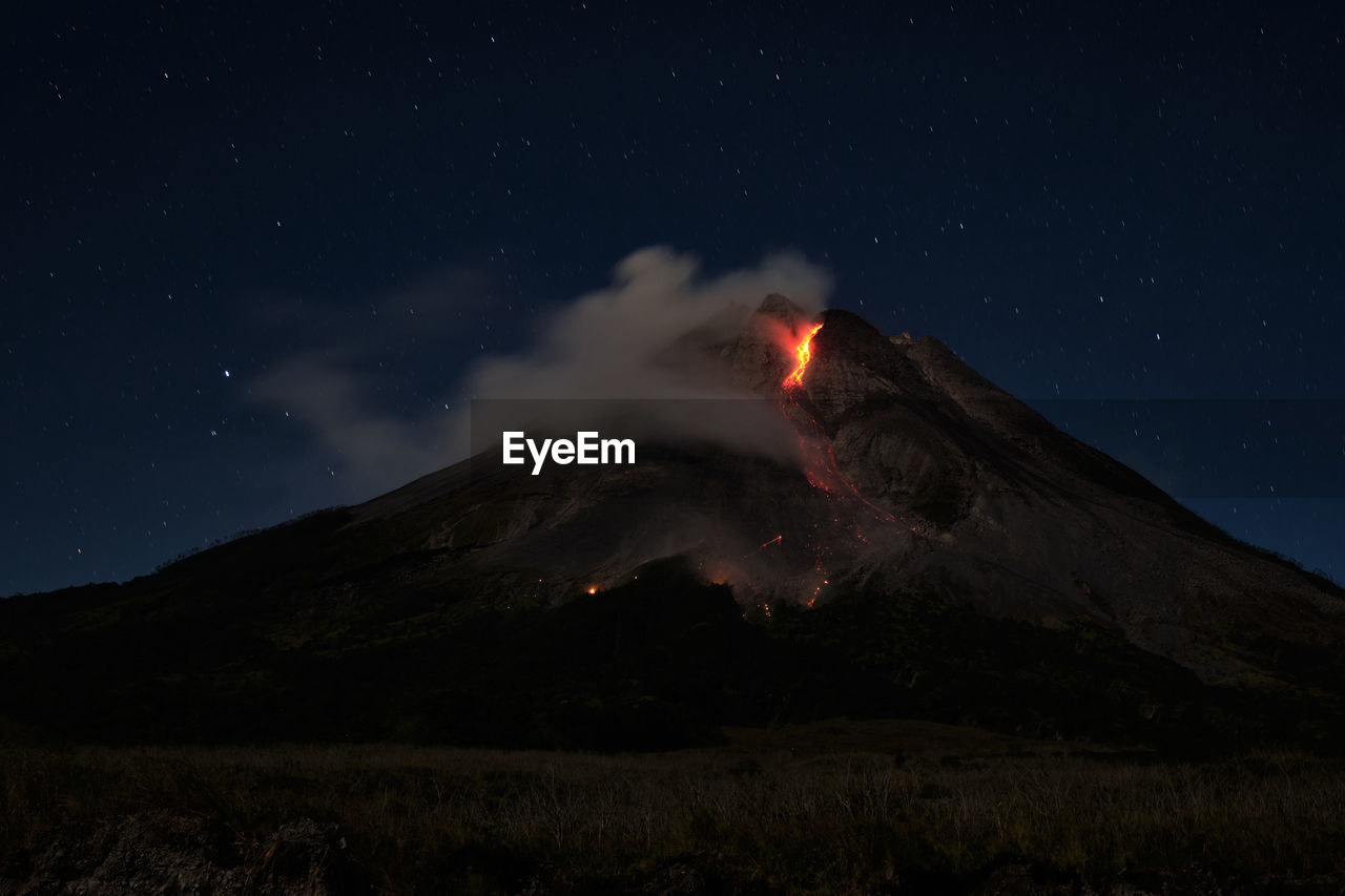 Mount merapi erupts with high intensity at night during a full moon. 