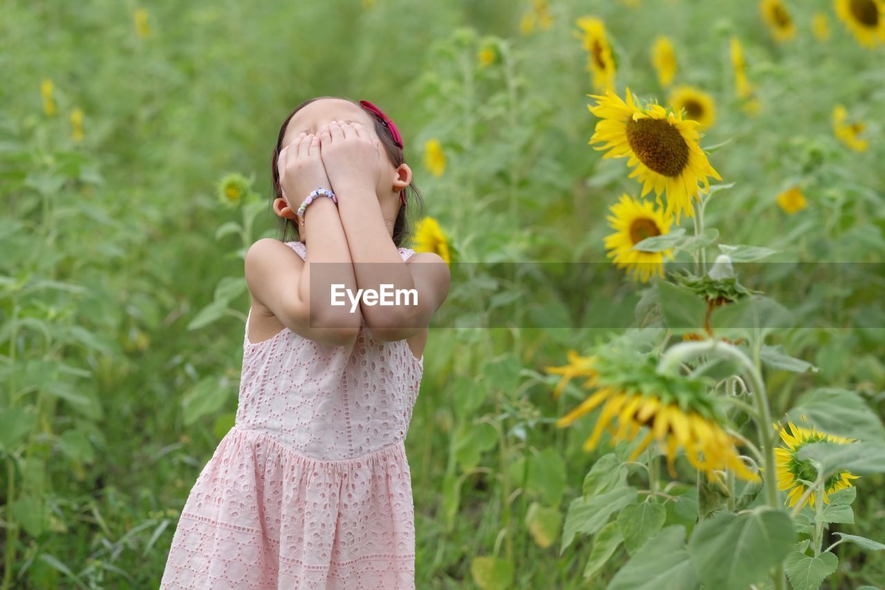 Cute girl with hands covering eyes standing in sunflower field