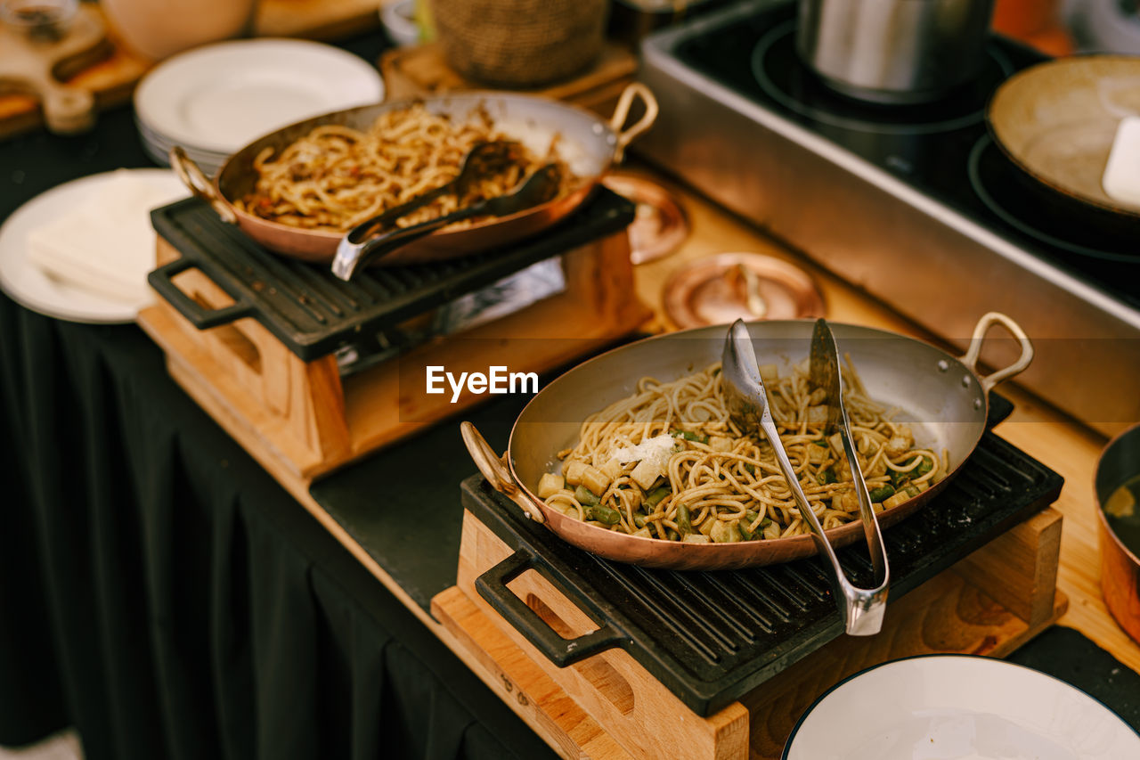 High angle view of food preparing in pan