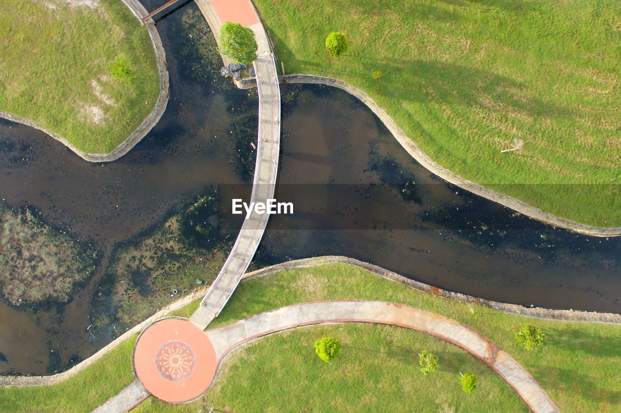 HIGH ANGLE VIEW OF GRASS AND WATER IN PARK