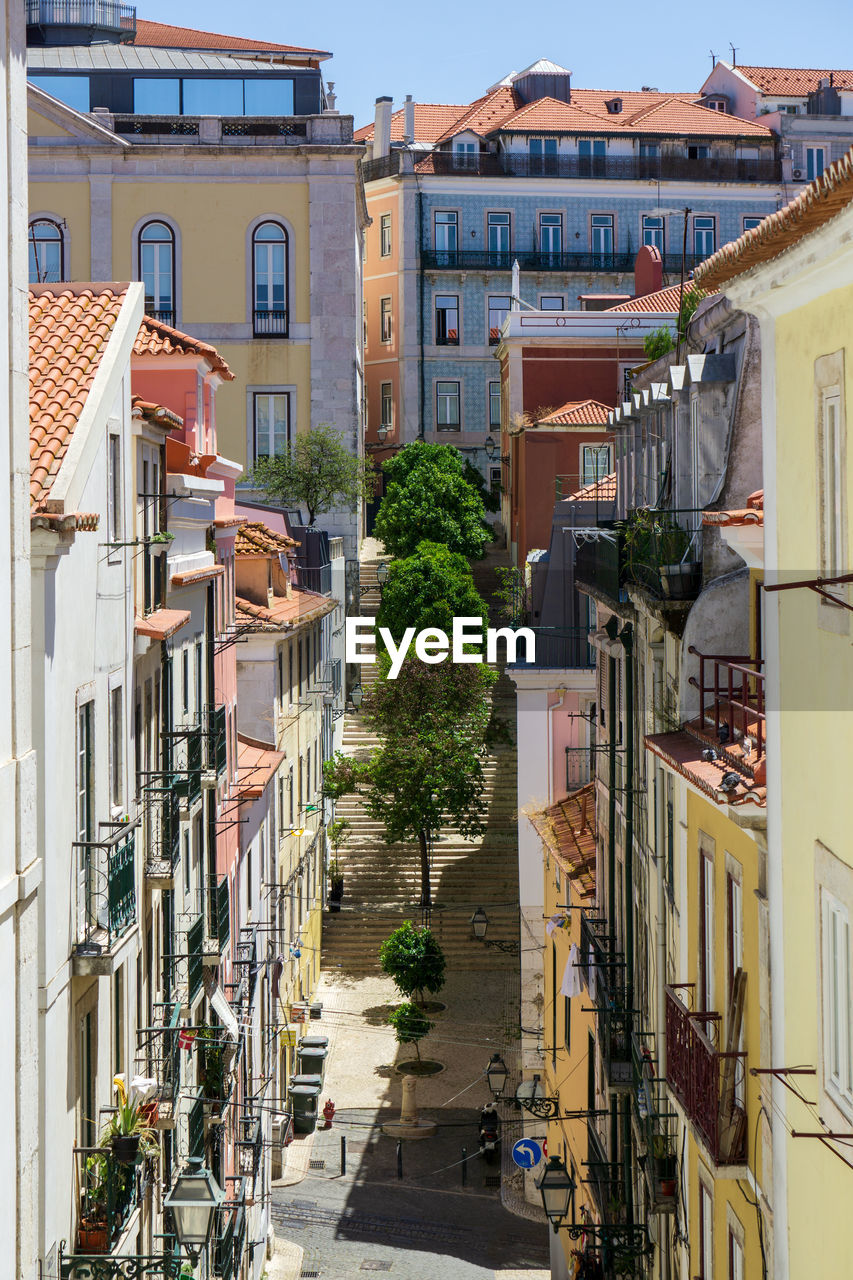 Bright sunny street in the old center of lisbon, portugal