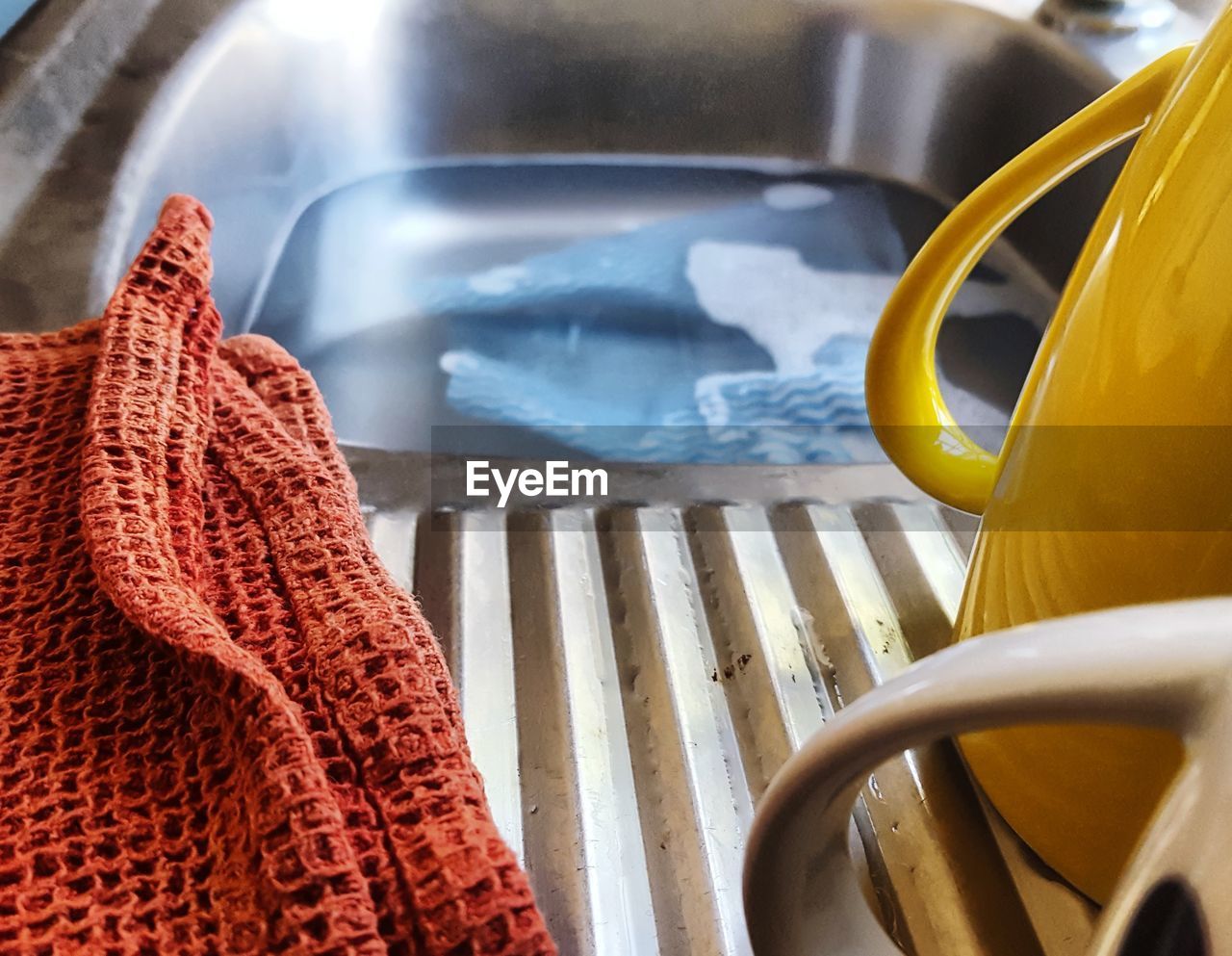 High angle view of fabric in sink