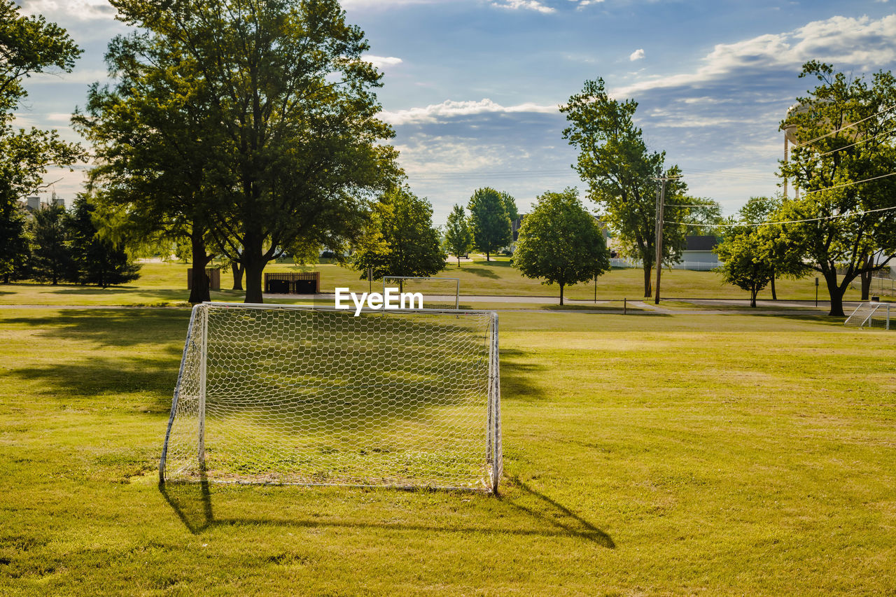 A view of a youth soccer field in a city park