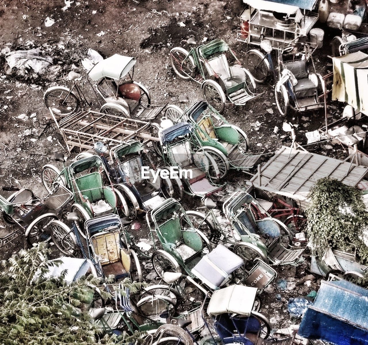 High angle view of parked pedicabs