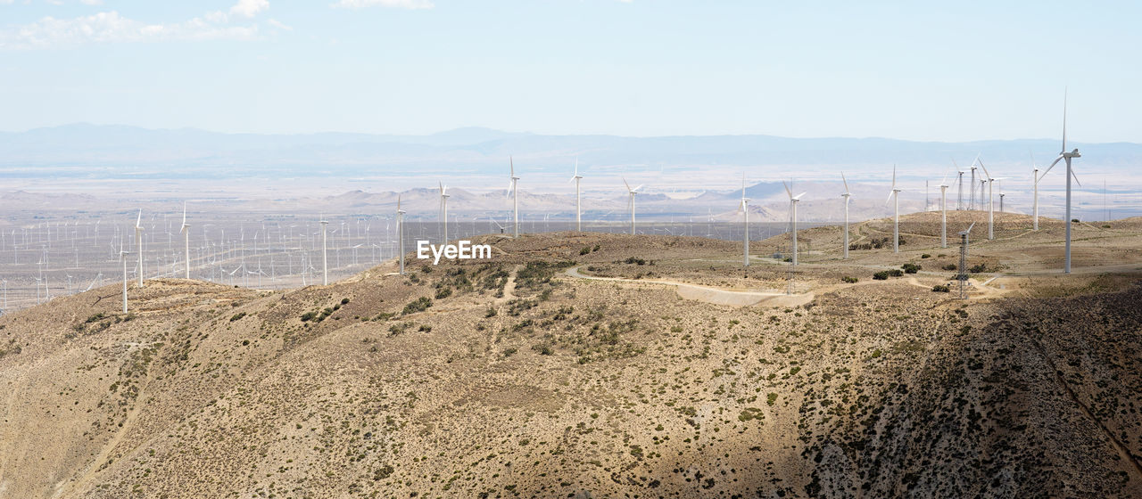 Desert section with windfarm from tehachapi pass on the pct pacific crest trail in california, usa.