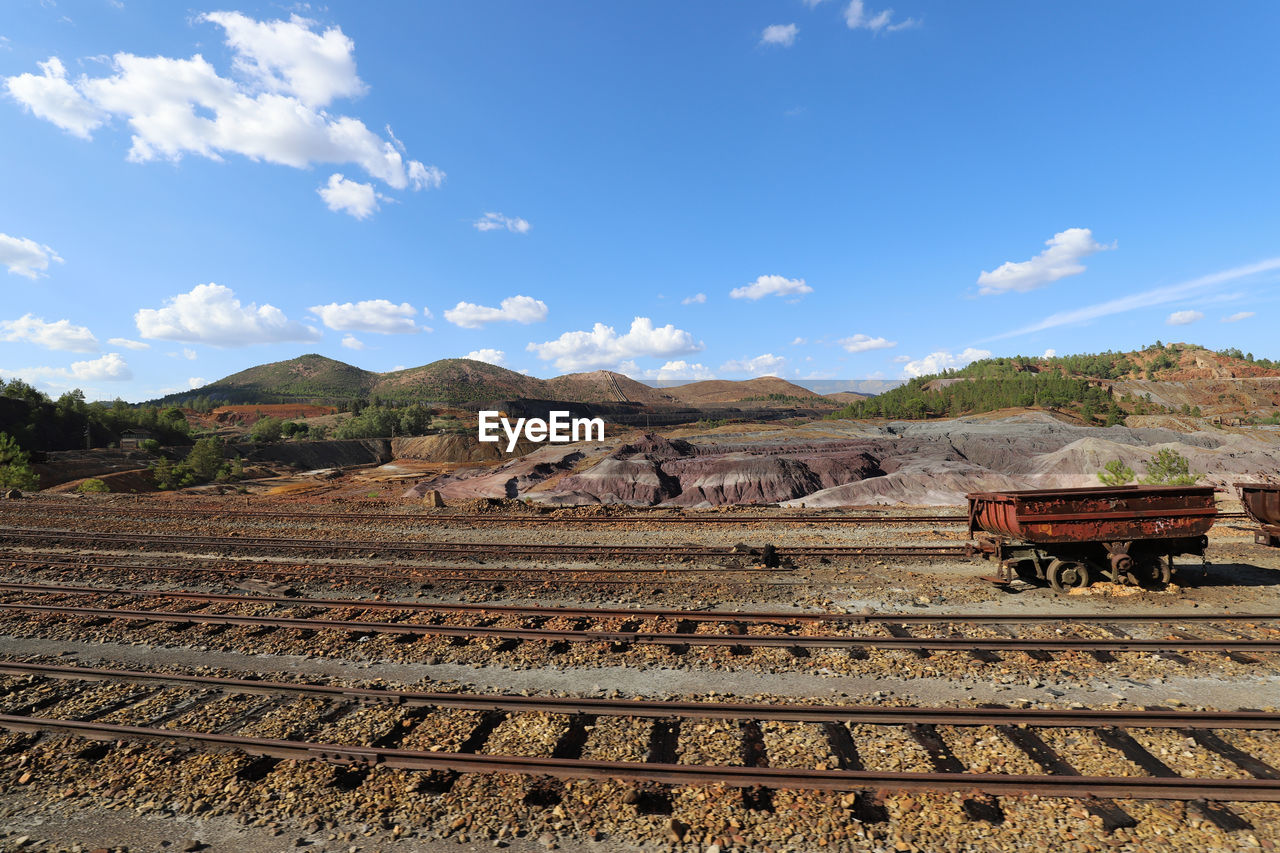 Old mine railroad tracks against mountains and blue sky.