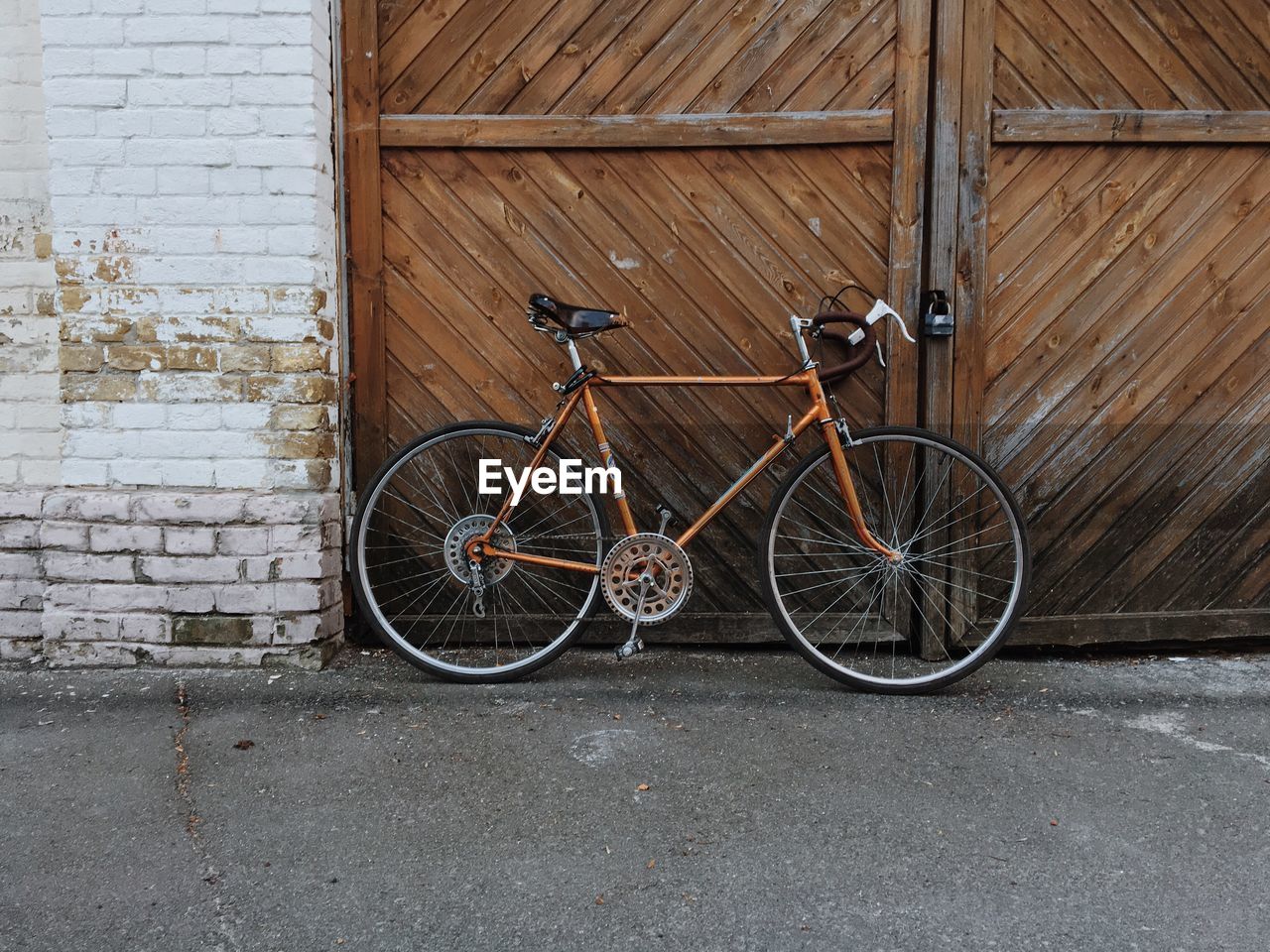 Bicycle parked by wooden door