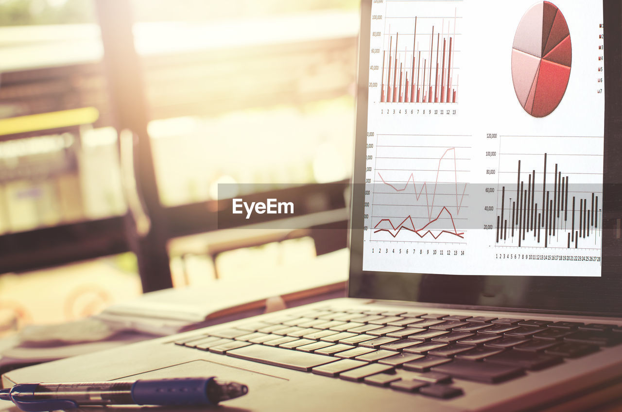Close-up of graphs in laptop on table