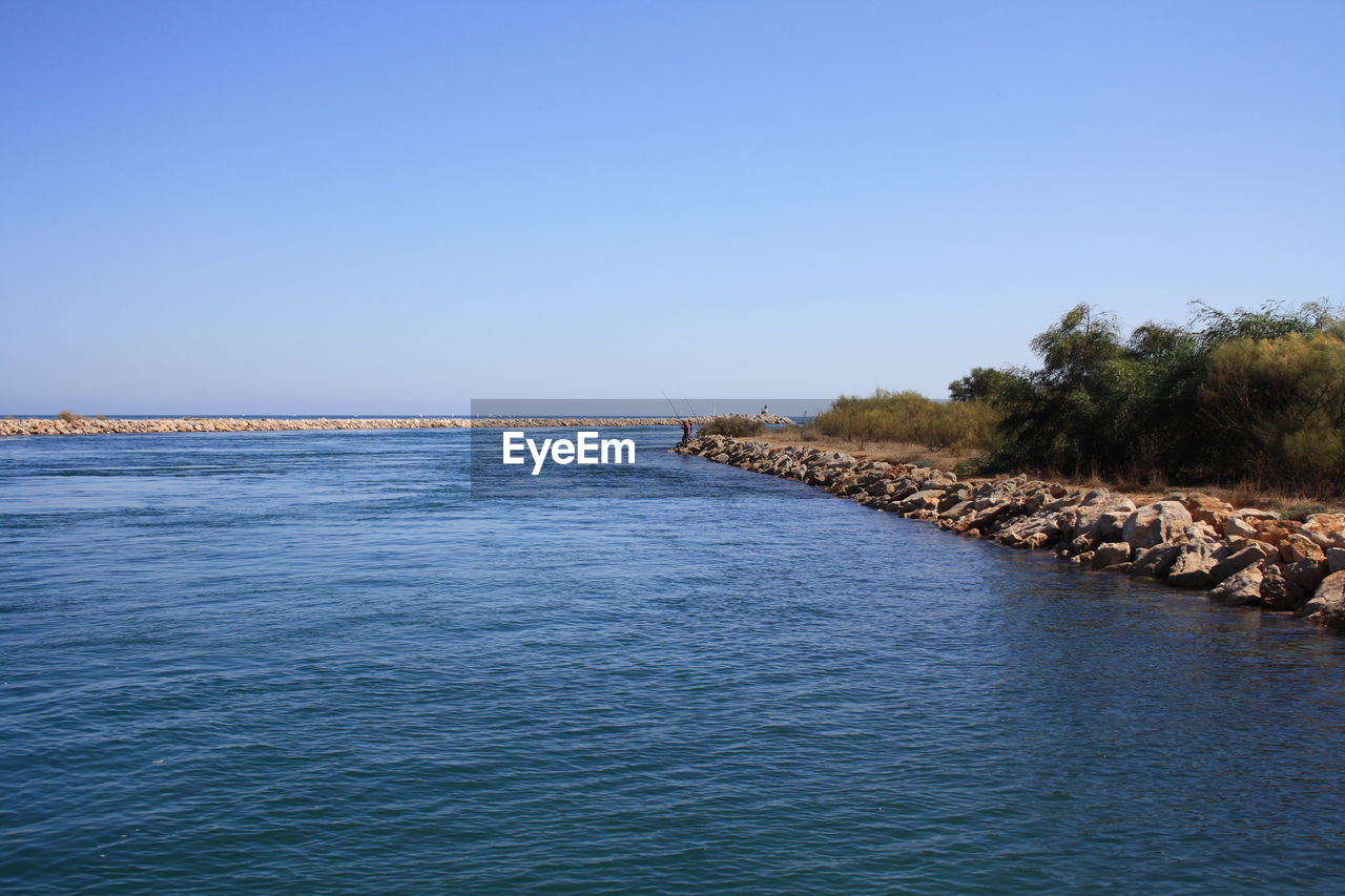 Scenic view of sea against clear blue sky