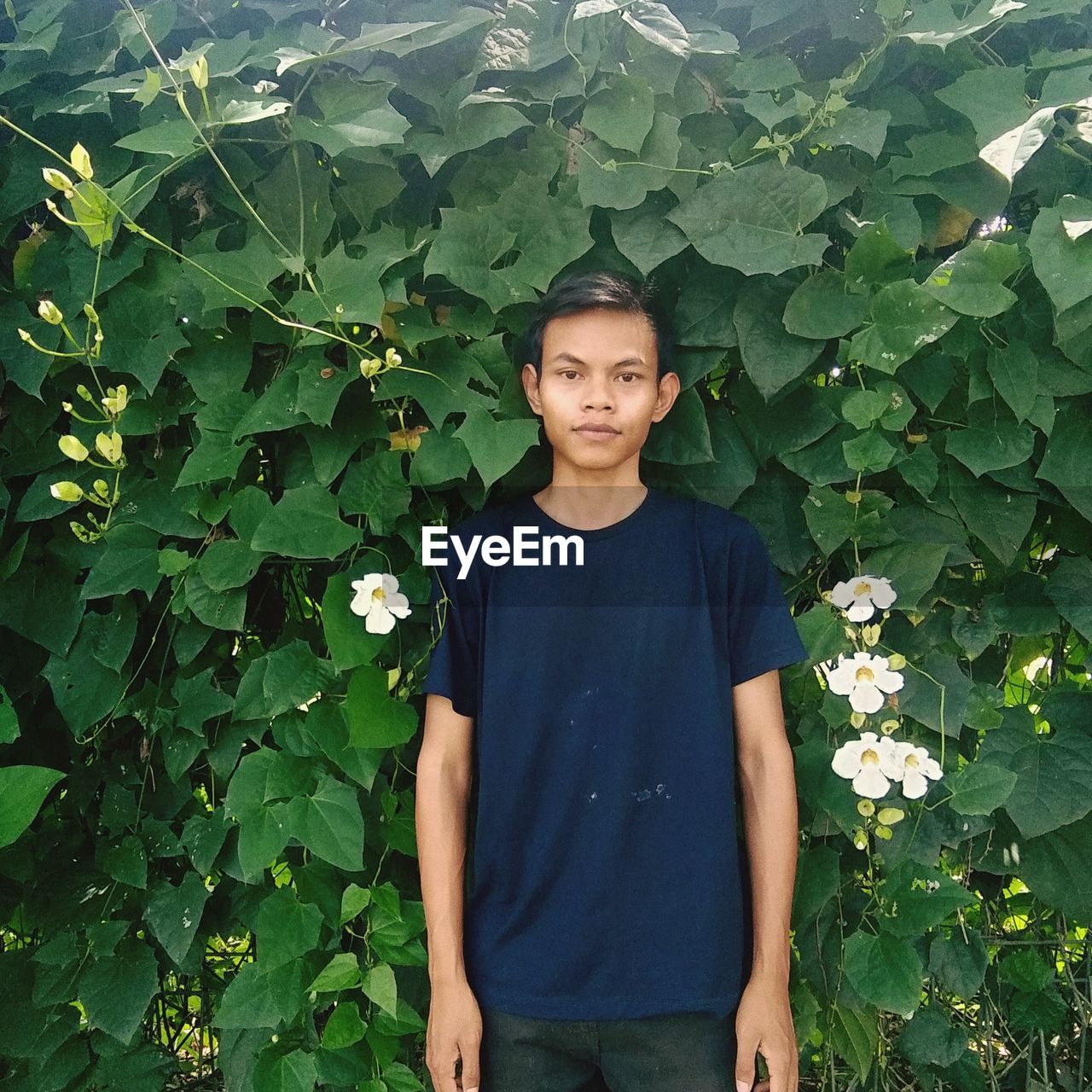 Portrait of young man standing against leaves