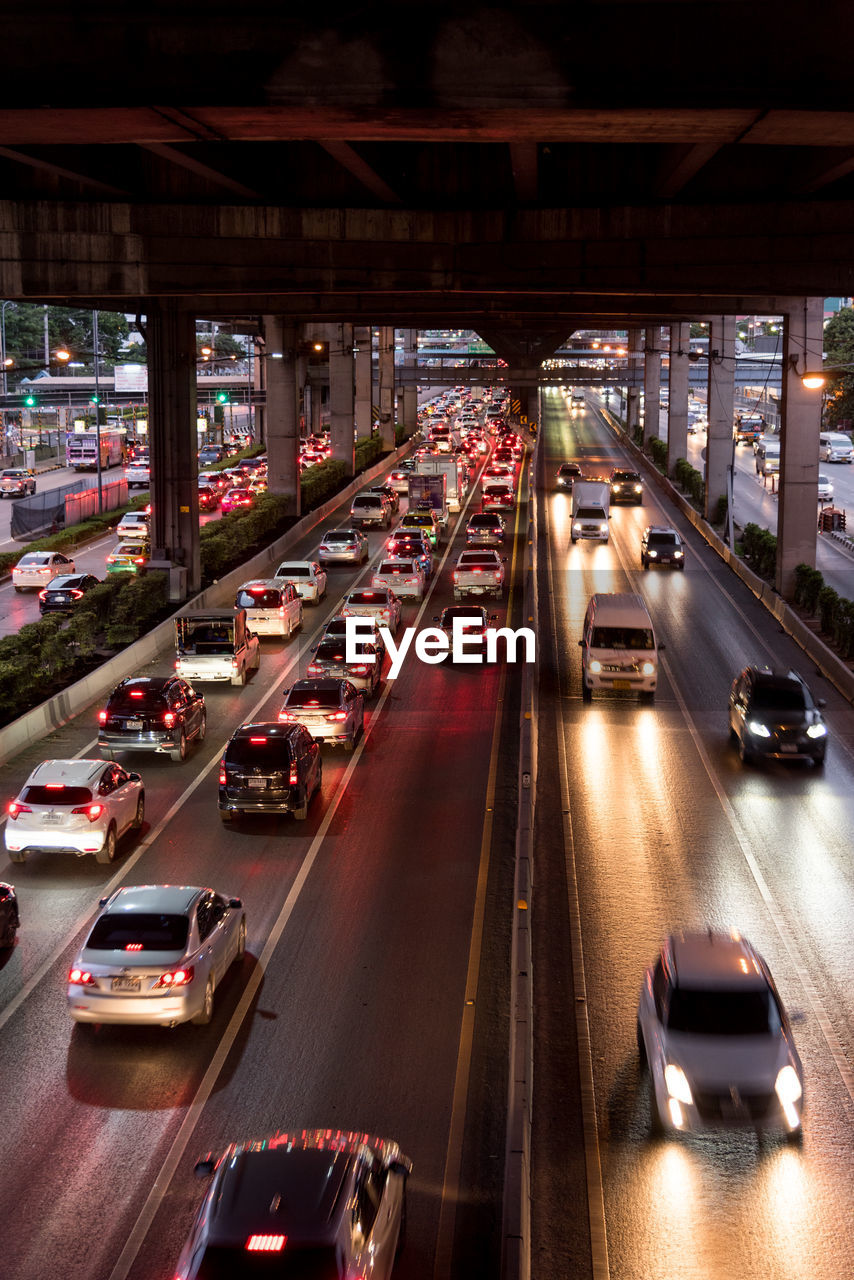 High angle view of traffic on city street at night