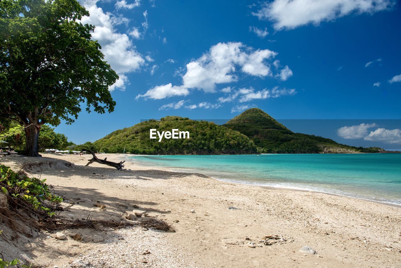 scenic view of beach against cloudy sky