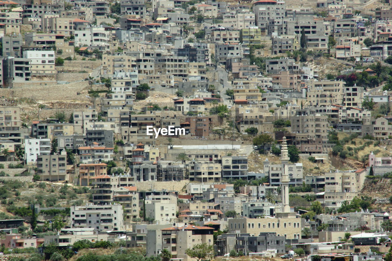 High angle view of buildings in city