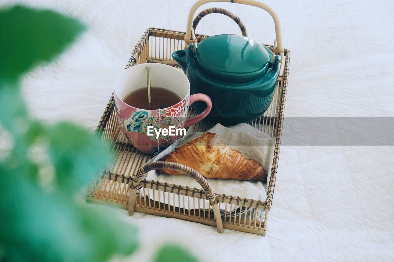 High angle view of breakfast on table