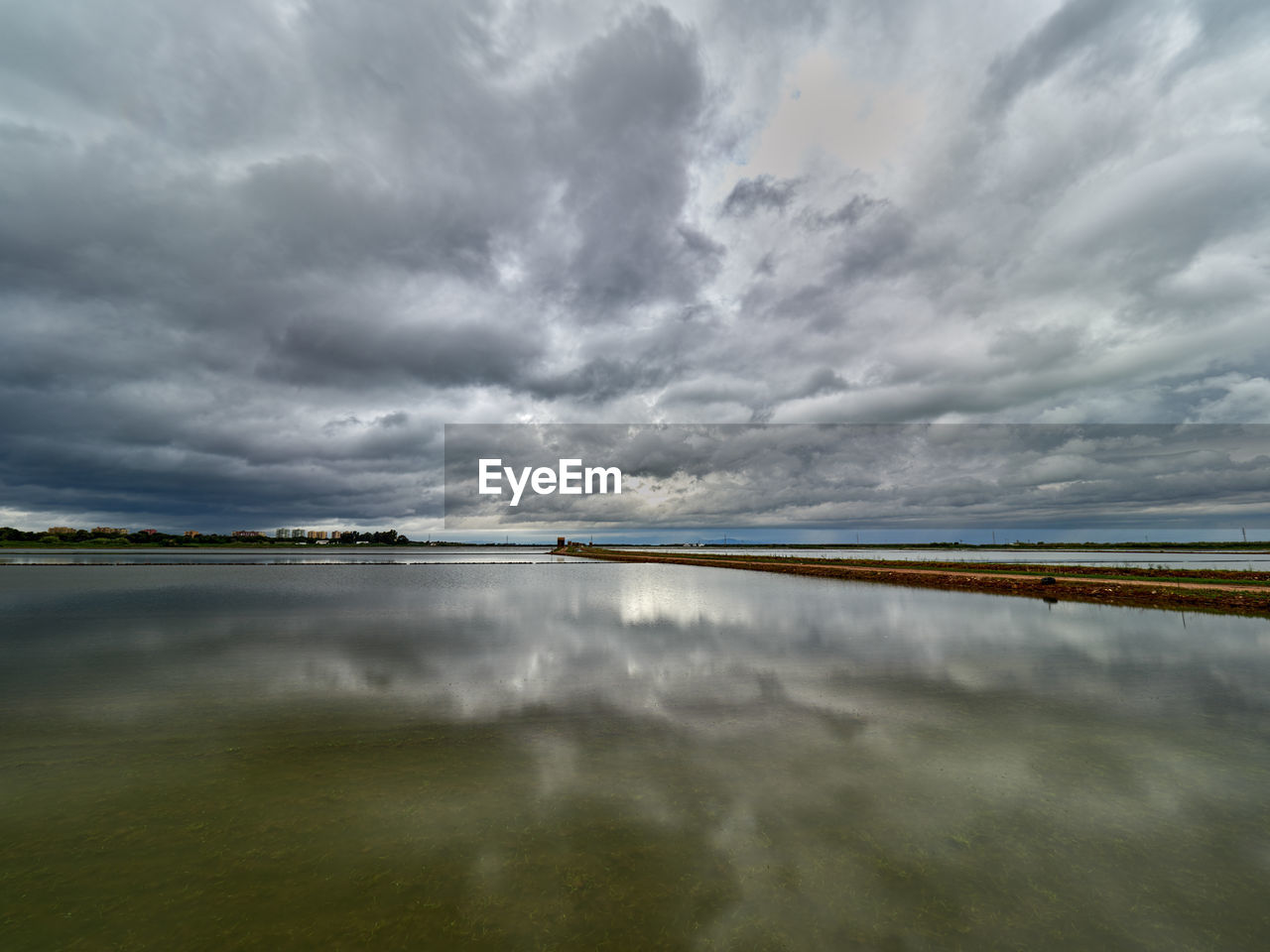 View of the rice fields near the lagoon of valencia, spain. on a cloudy day in early june 