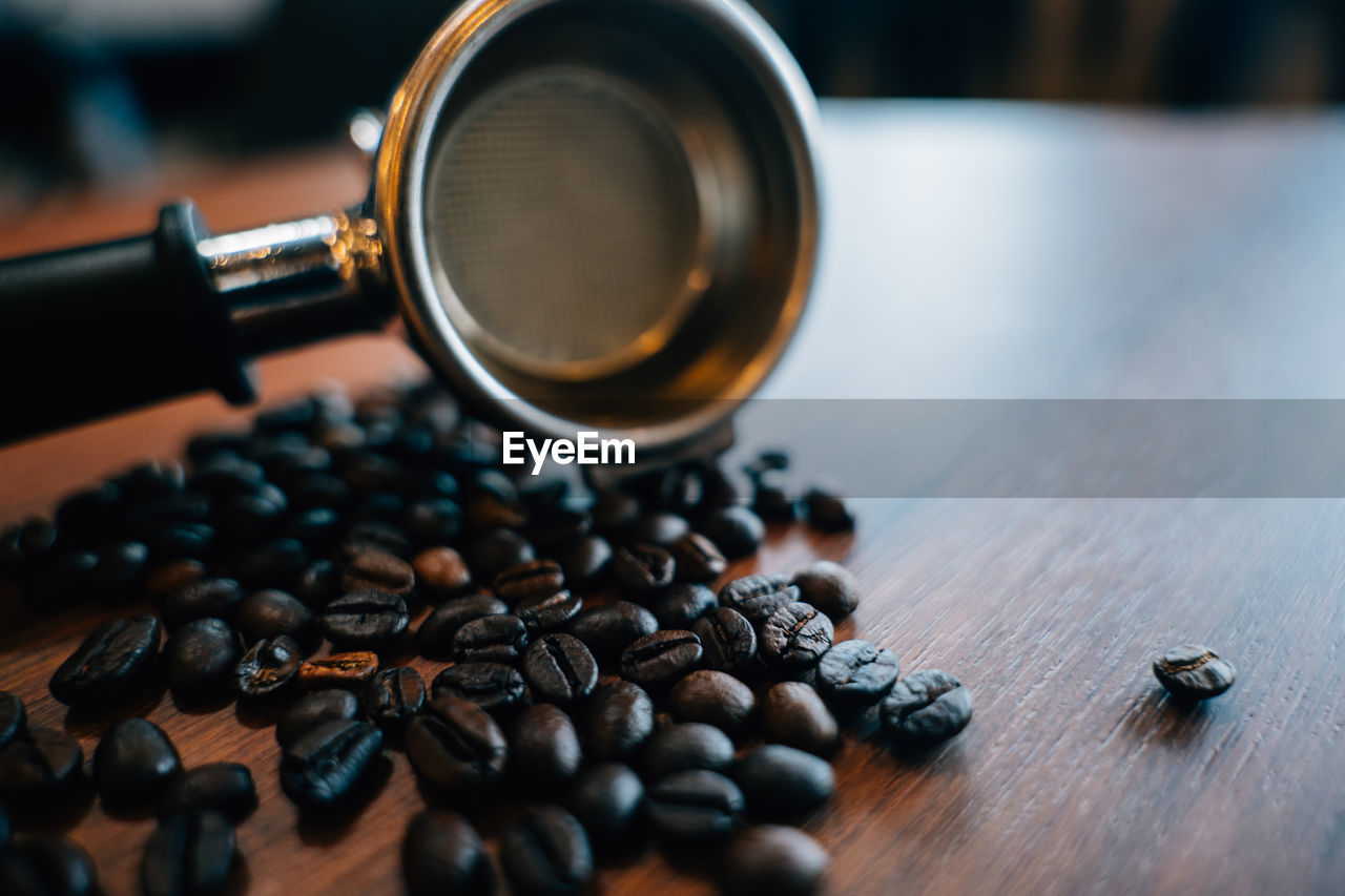 high angle view of coffee beans on table