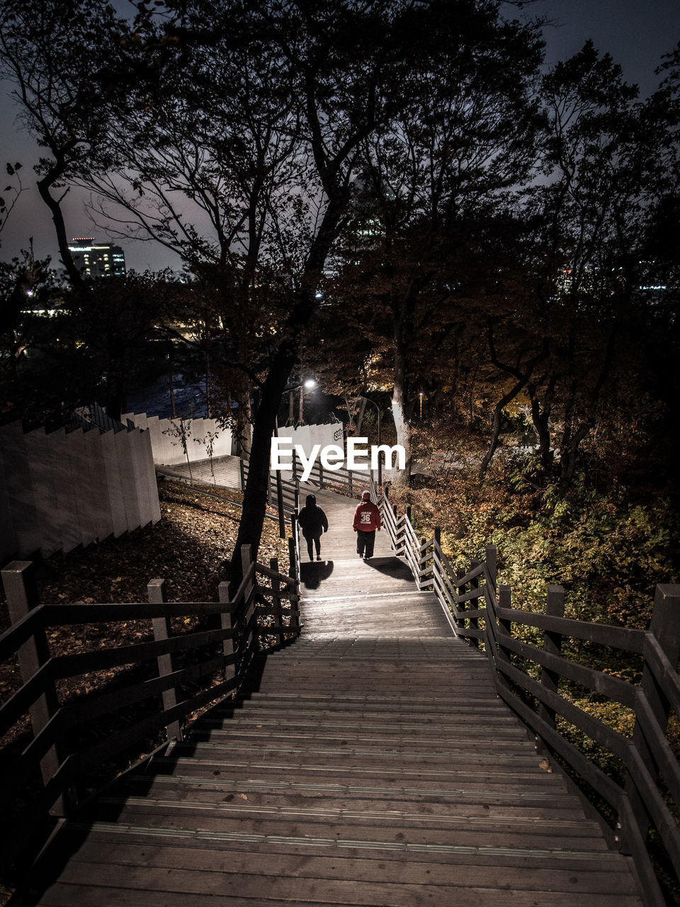 PEOPLE WALKING ON BRIDGE AGAINST TREES