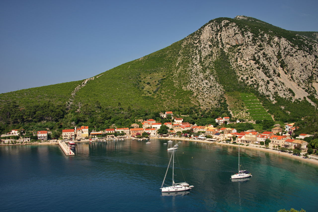 Panorama of trstenik, croatia on peljesac peninsula from the top of a hill